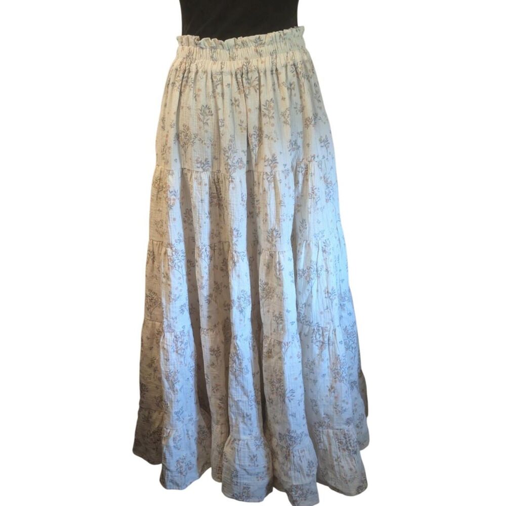 Rylee + Cru Floral Gauze Tiered Paperbag Maxi Skirt Cream, Women's Large NWT